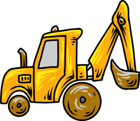 Yellow cartoon backhoe loader with digging arm side view