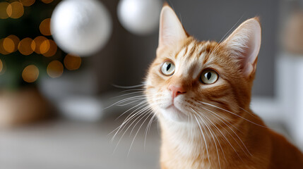 Ginger cat sitting curiously near sparkling christmas tree, soft bokeh lights creating cozy holiday atmosphere and gentle festive mood