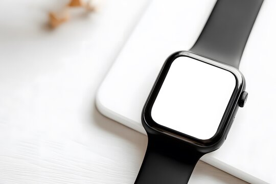 Smartwatch displaying time and notifications home office product photography minimalist close-up technology focus