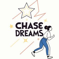 Motivational Illustration Woman Chasing Dreams with Star and Sparkle Accents on White Background