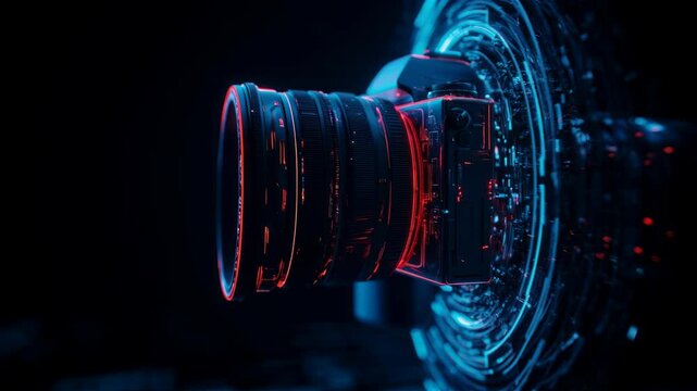 Abstract camera lens design with neon lighting effects in dark background  