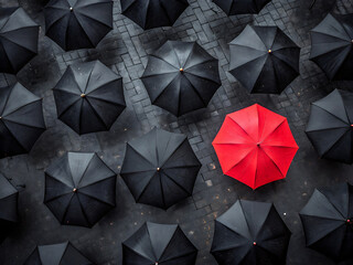 Red Umbrella Among Black Umbrellas in the Rain (Top View)