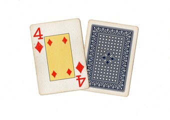 A pair of vintage playing cards with one card revealed on a white background.