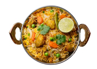 Indian vegetable biryani in balti dish isolated on transparent or white background