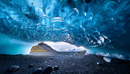 Vatnajökull National Park, Iceland: Ice cave interior glowing blue with intricate ice textures