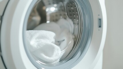 tumbling towels White in washing machine, symbolizing fresh laundering and household cleanliness during cleaning process