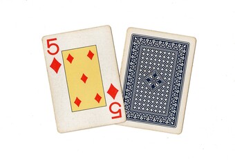 A pair of vintage playing cards with one card revealed on a white background.