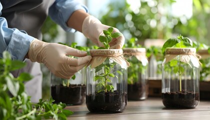 Hands Nurturing Plants in Glass Jars with Soil and Greenery