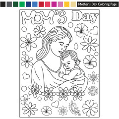 Mother's day coloring page for kids and adults mother's day illustration