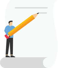Businessman writing project report and plan, businessman holding pencil and writing while standing on scattered documents, paperwork stock illustration

