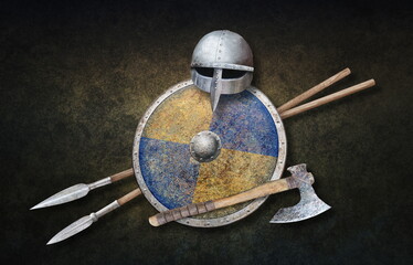 viking's helmet axe shield and two spears on grunge background