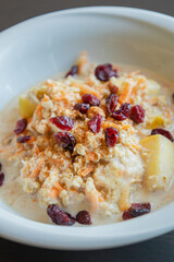  delicious and healthy oatmeal served in a white bowl. The oatmeal is topped with grated carrots, fresh apple slices, and dried red cranberries