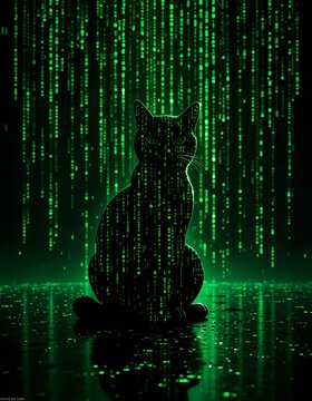 black cat with tech background coding