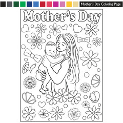 Mother's day coloring page for kids and adults mother's day illustration