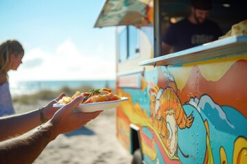 Person receives a plate of seafood from a colorful food truck on a sunny beach.