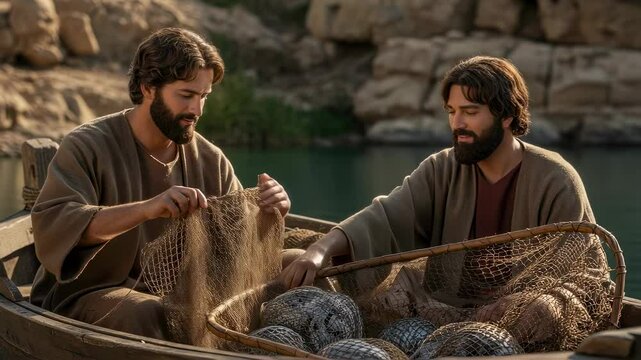 Two men, biblical fishermen, apostles by profession, sitting inside a boat with a fishing net full of fish. Christianity religious concept.