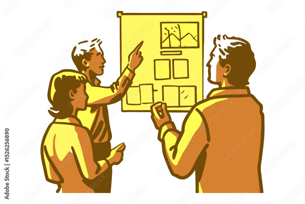 Poster vector art of a team collaborates on a project, reviewing data charts and diagrams displayed on a ye
