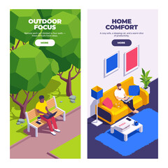 Remote Working Isometric Vertical banners Set