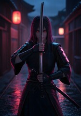 Naklejka premium Woman with Sword in Japanese Alleyway