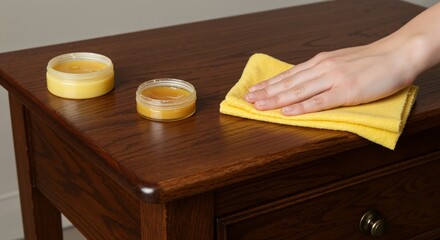 Hand Polishing Wooden Furniture. Close-up of a Person Applying Wax or Polish with a Yellow Cloth to a Dark Wood Table Surface for Restoration and Shine.
