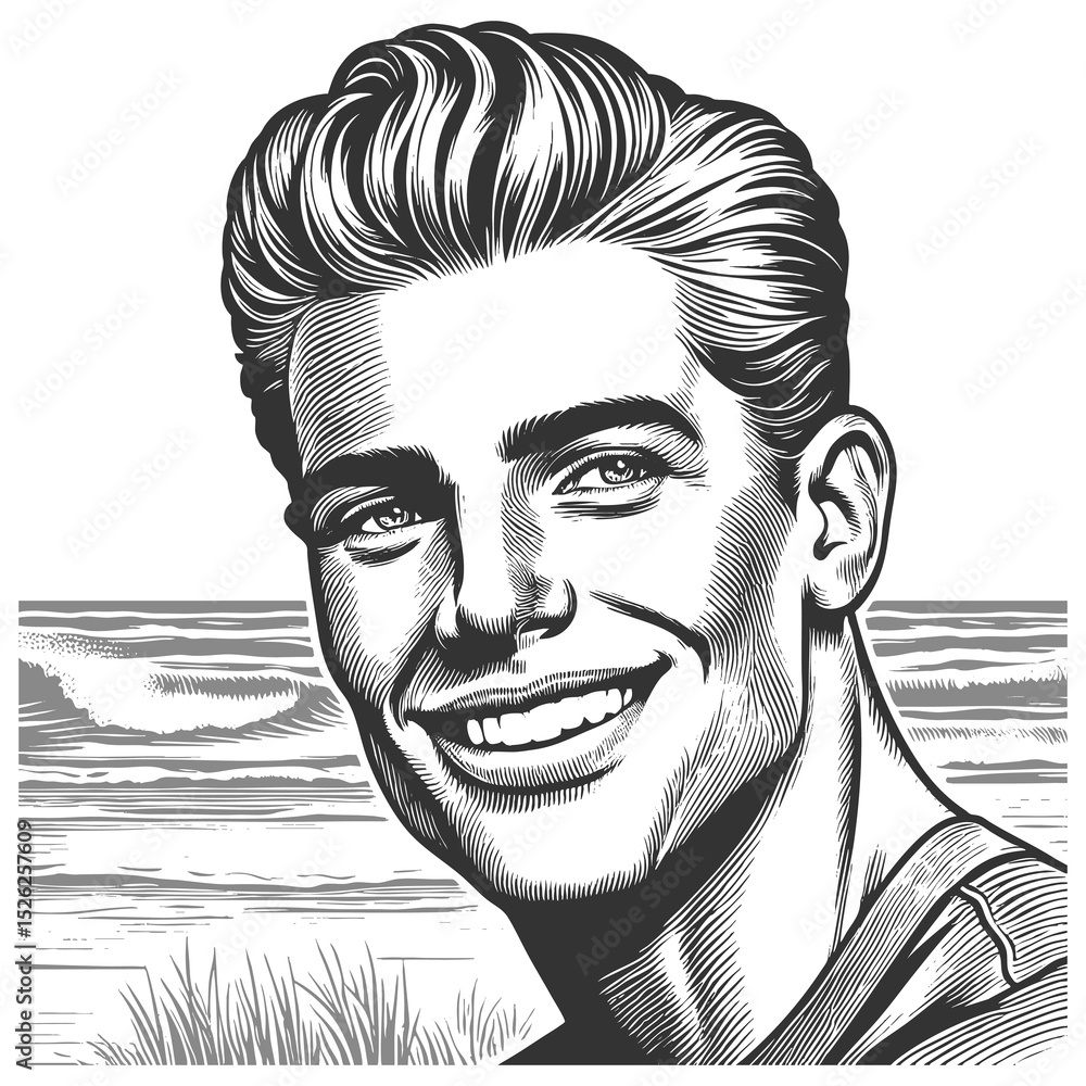 Poster cheerful man in a suit smiling confidently near a beach at sunset with palm trees sketch engraving g