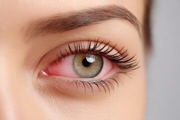 Fototapeta premium Close-up of a red, irritated eye, showing signs of infection or allergy.