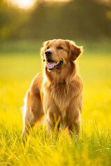 Golden Retriever Sitting in Sunny Meadow with Bokeh Background