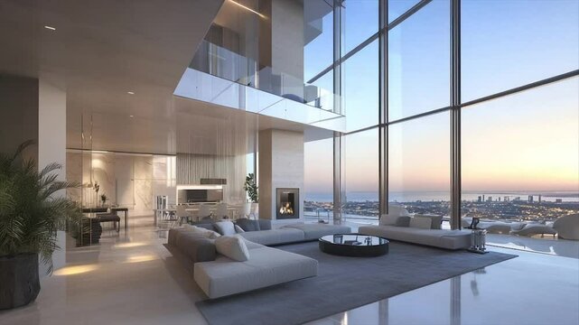 Luxurious penthouse with panoramic sunset views, open floor plan, and modern furnishings