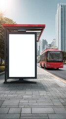 Stunning photo of white empty information mock-up on city bus stop, blank vertical billboard near paved road with red touristic bus, clear placeholder frame in urban settings.