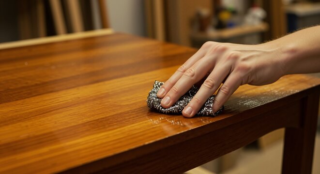 Close-up of a hand polishing a wooden table. Applying finish with steel wool. Woodworking and furniture restoration project.