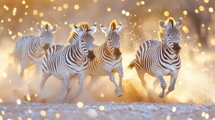 Fototapeta premium Zebras racing through golden savanna, dust sparkling in sunlight, motion frozen in detail