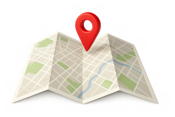 Paper city map folded, red location pin marking destination on clear background, symbolizing travel navigation