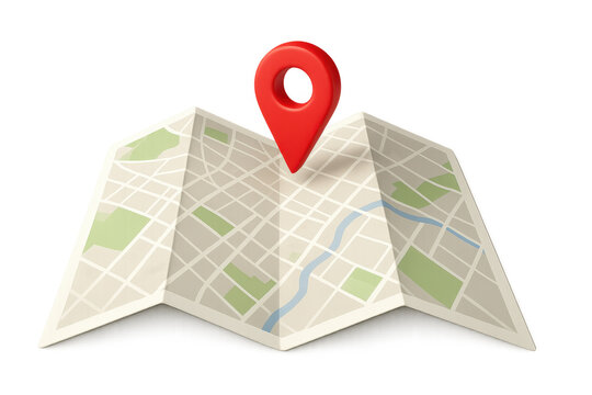Paper city map folded, red location pin marking destination on clear background, symbolizing travel navigation