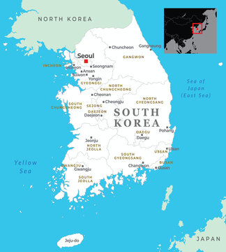 A detailed map of South Korea showcasing key cities, provinces, and surrounding seas, with an inset marking its location in East Asia
