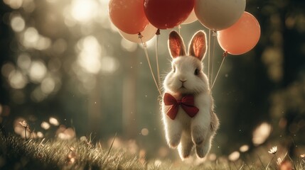 Jumping Bunny with Balloons in Sunlit Field