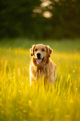 Golden Retriever Sitting in Sunny Meadow with Bokeh Background
