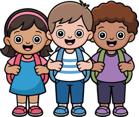 Three diverse school children with backpacks smiling and happy.