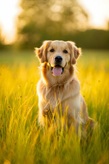 Golden Retriever Sitting in Sunny Meadow with Bokeh Background