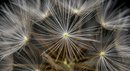 Naklejka premium Extreme close-up of a dandelion seed head, showcasing the intricate, delicate white parachutes of individual seeds against a dark, blurred background. Abstract natural beauty.
