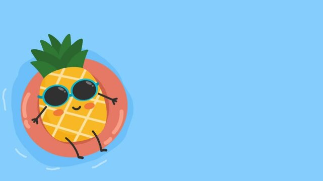 Cute looping animation of a happy pineapple floating on a swim ring under blue sky. Space intentionally left for adding text or logo. Great for summer promos or kids&rsquo; content.