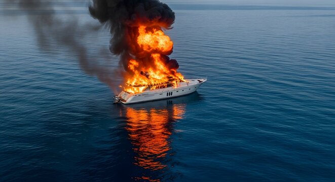 Burning boat at sea during daytime
