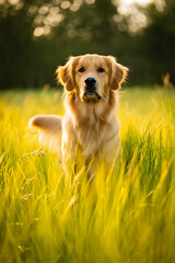 Golden Retriever Sitting in Sunny Meadow with Bokeh Background