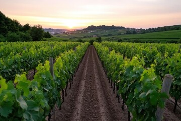 Vineyard Rows Under Sunset Horizon with Green Vines in Rural Landscape