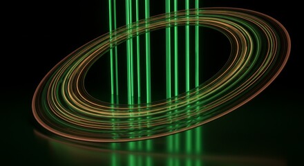 Abstract glowing rings and vertical lines on dark background