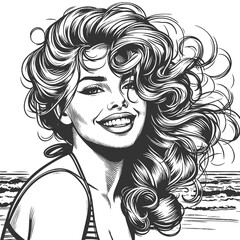 cheerful woman in a bikini by the ocean, symbolizing summer, beauty, and carefree joy sketch engraving generative ai fictional character raster illustration. Scratch board. Black and white image.