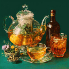 Still Life with Teapot Teacups and a Bottle