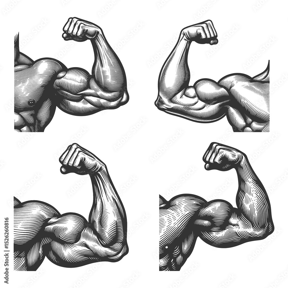 Poster muscular arms flexing biceps set collection bundle sketch engraving generative ai raster illustratio