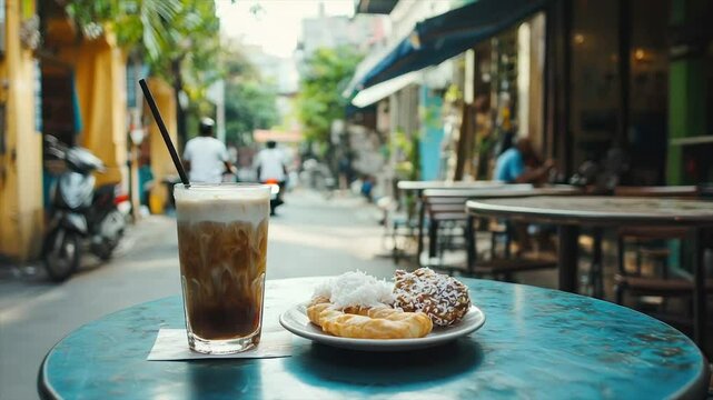 Iced coffee and pastries on a street cafe table