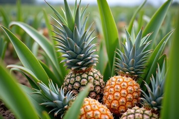 Fototapeta premium Green pineapple leaves surround ripe fruit growing in a field on a bright and sunny morning.