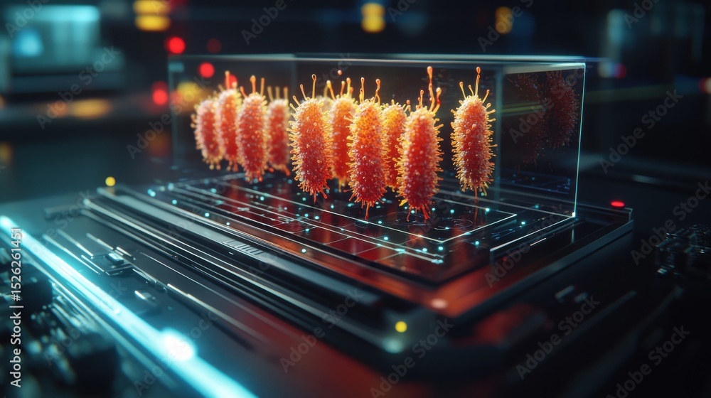 Poster 3d rendering of colorful bacteria in a high-tech lab environment